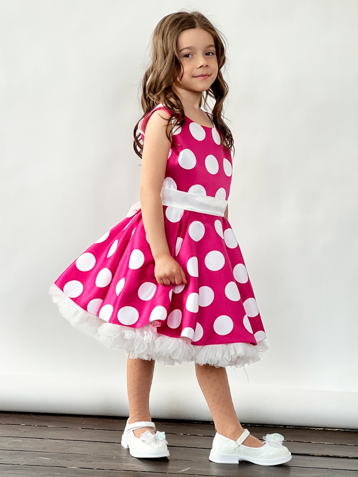 Платье для девочки нарядное БУШОН ST20, стиляги цвет светло-розовый, белый пояс, принт белый горох 