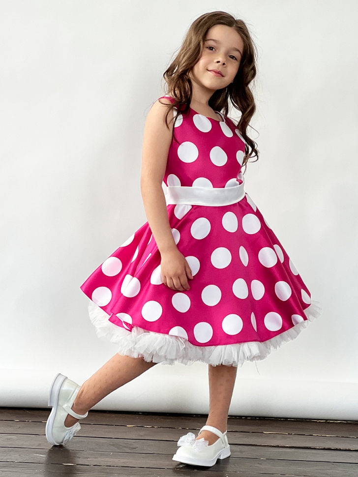 Платье для девочки нарядное БУШОН ST20, стиляги цвет светло-розовый, белый пояс, принт белый горох 