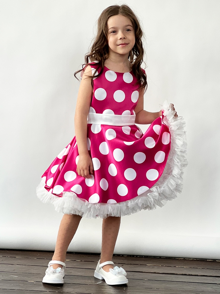 Платье для девочки нарядное БУШОН ST20, стиляги цвет светло-розовый, белый пояс, принт белый горох 