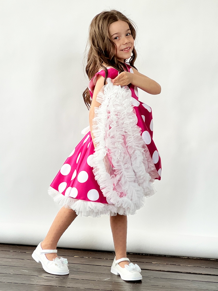 Платье для девочки нарядное БУШОН ST20, стиляги цвет светло-розовый, белый пояс, принт белый горох 