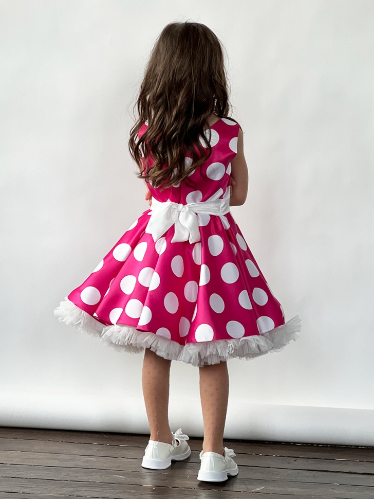 Платье для девочки нарядное БУШОН ST20, стиляги цвет светло-розовый, белый пояс, принт белый горох 
