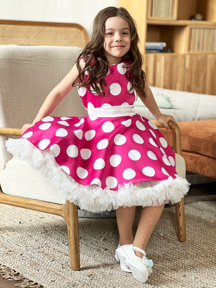 Платье для девочки нарядное БУШОН ST20, стиляги цвет светло-розовый, белый пояс, принт белый горох 