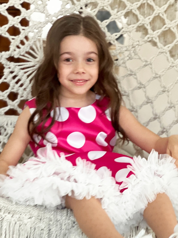 Платье для девочки нарядное БУШОН ST20, стиляги цвет светло-розовый, белый пояс, принт белый горох 