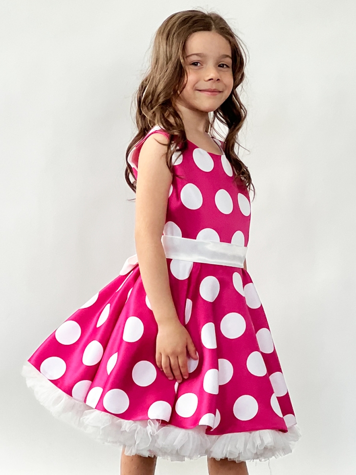Платье для девочки нарядное БУШОН ST20, стиляги цвет светло-розовый, белый пояс, принт белый горох 