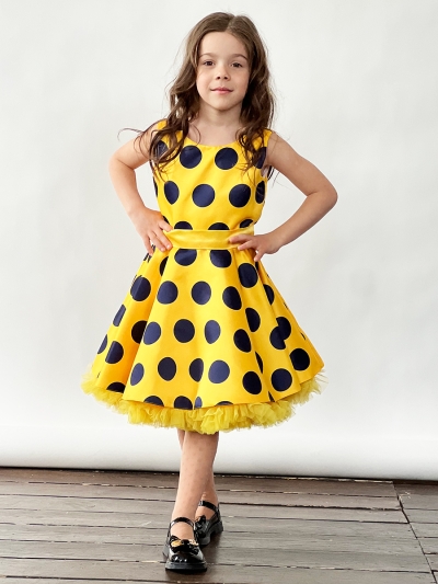 Платье для девочки нарядное БУШОН ST20, стиляги цвет желтый, желтый пояс, принт т-синий горох