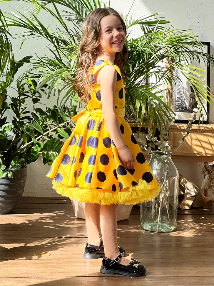 Платье для девочки нарядное БУШОН ST20, стиляги цвет желтый, желтый пояс, принт т-синий горох 