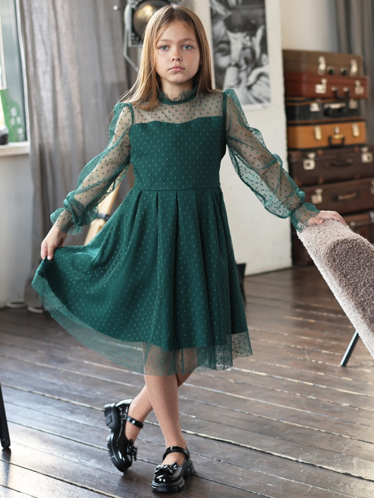 Платье для девочки нарядное БУШОН ST77, цвет изумрудный