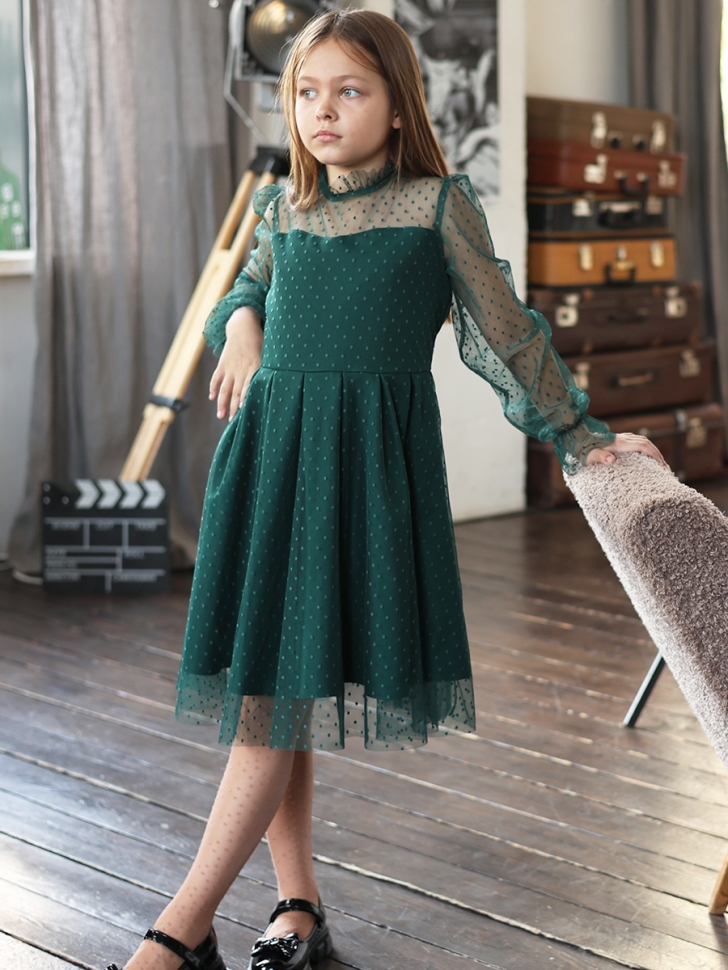 Платье для девочки нарядное БУШОН ST77, цвет изумрудный