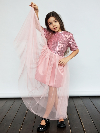 Платье для девочки нарядное БУШОН ST540, цвет пудровый/розовый