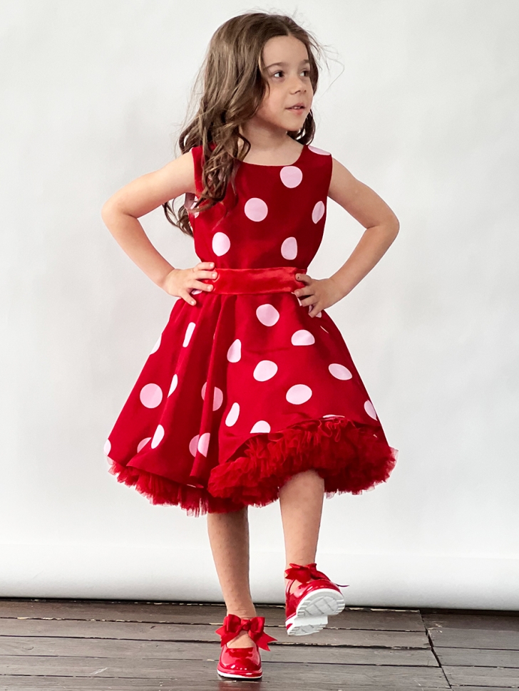 Платье для девочки нарядное БУШОН ST20, стиляги цвет красный, красный пояс, принт св-розовый горох 