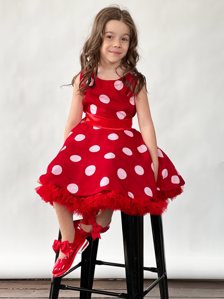 Платье для девочки нарядное БУШОН ST20, стиляги цвет красный, красный пояс, принт св-розовый горох 