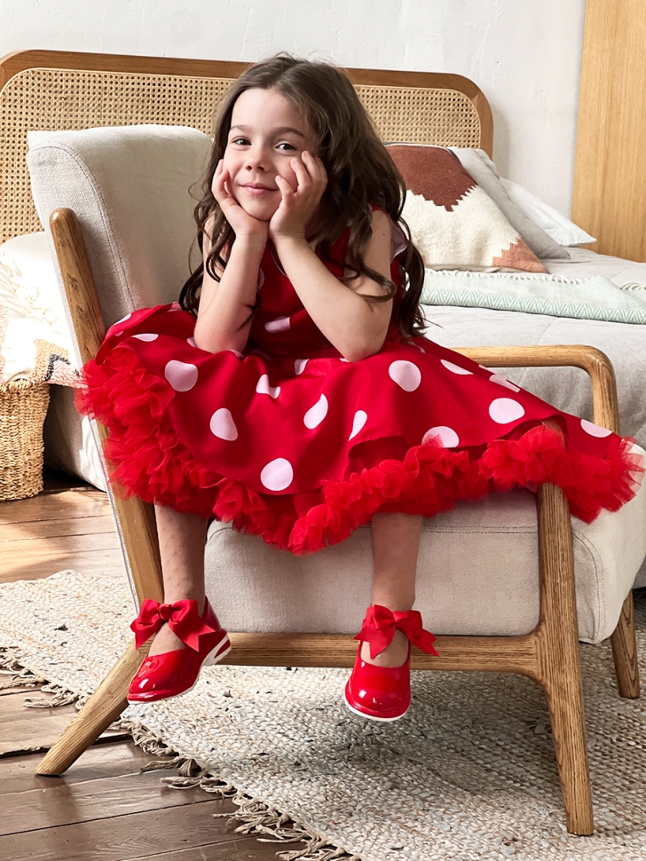 Платье для девочки нарядное БУШОН ST20, стиляги цвет красный, красный пояс, принт св-розовый горох 