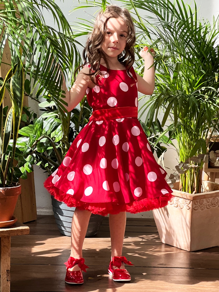 Платье для девочки нарядное БУШОН ST20, стиляги цвет красный, красный пояс, принт св-розовый горох 