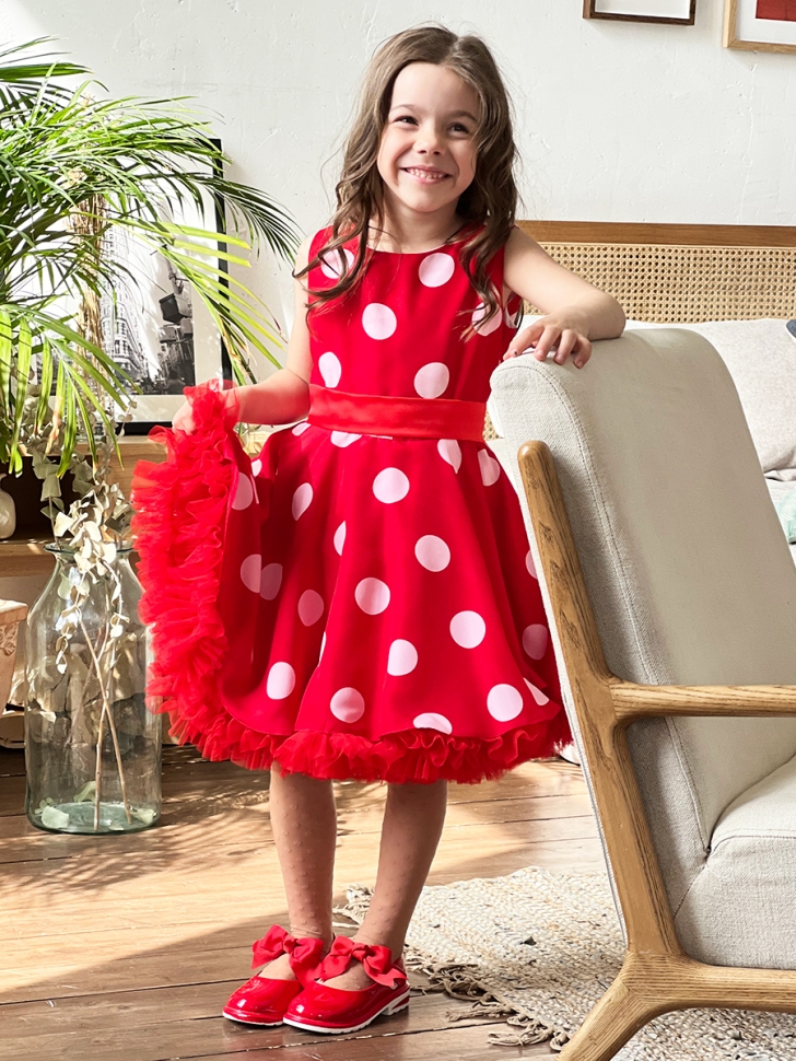 Платье для девочки нарядное БУШОН ST20, стиляги цвет красный, красный пояс, принт св-розовый горох 