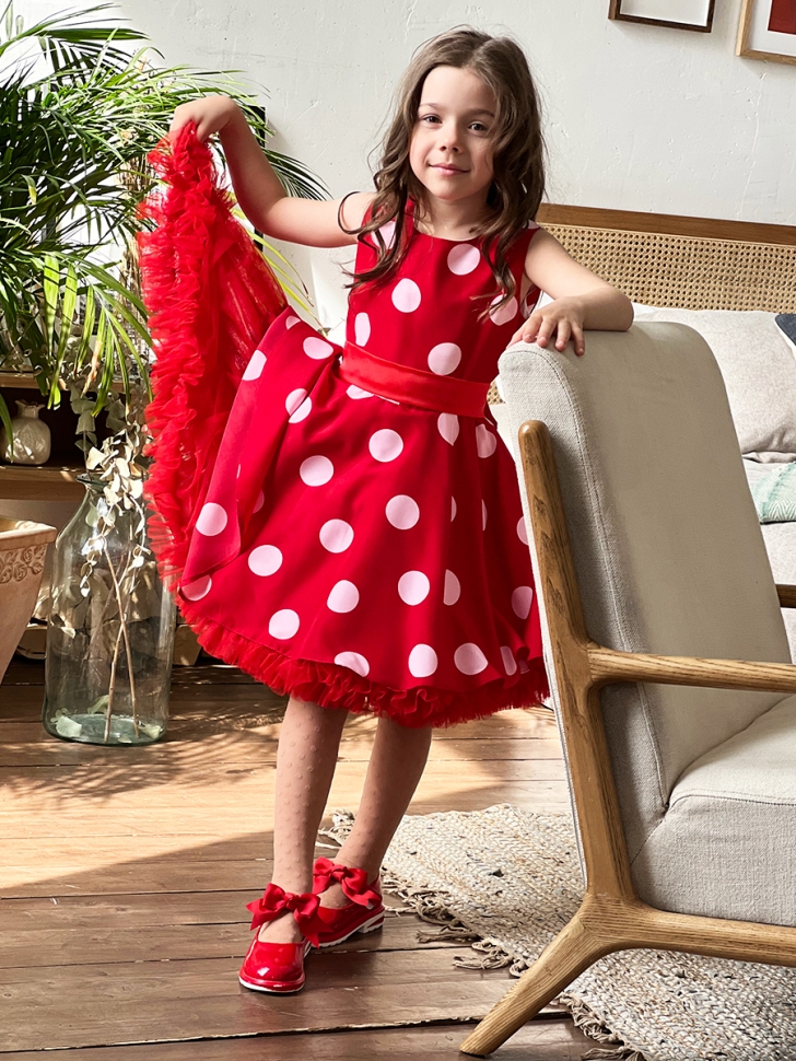 Платье для девочки нарядное БУШОН ST20, стиляги цвет красный, красный пояс, принт св-розовый горох 
