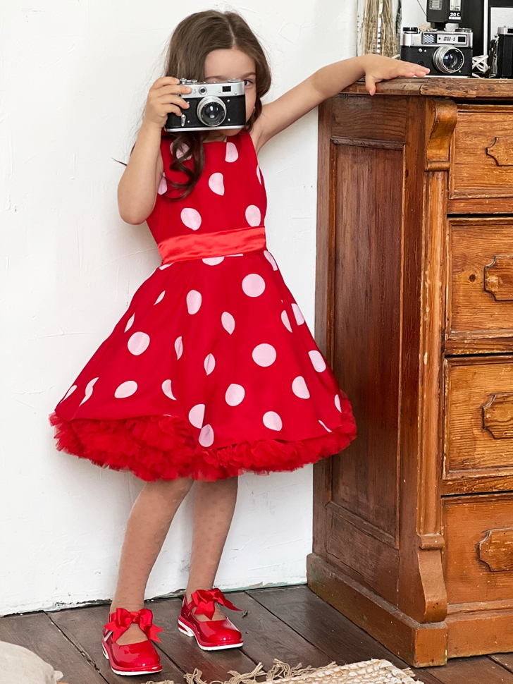 Платье для девочки нарядное БУШОН ST20, стиляги цвет красный, красный пояс, принт св-розовый горох 