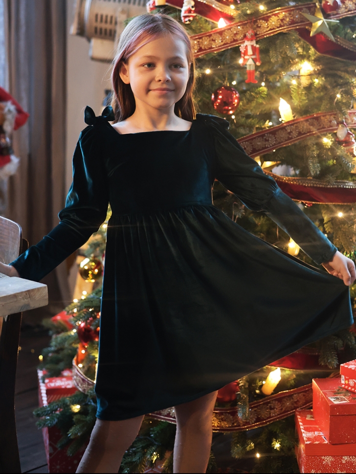 Платье велюровое нарядное БУШОН ST633, цвет темно-зеленый