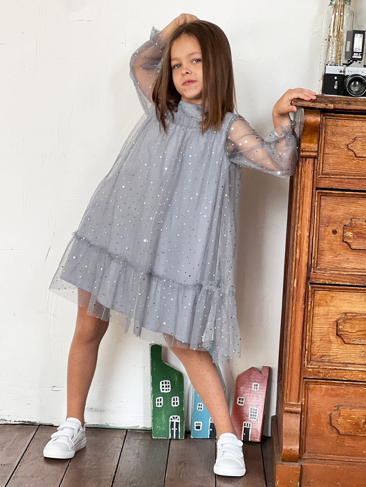 Платье для девочки нарядное БУШОН ST53, цвет серо-голубой/блестки 