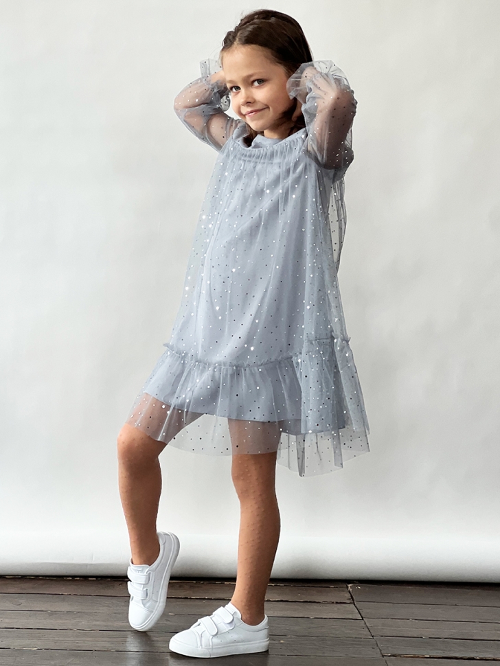 Платье для девочки нарядное БУШОН ST53, цвет серо-голубой/блестки 