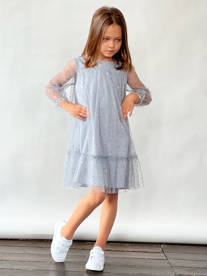 Платье для девочки нарядное БУШОН ST53, цвет серо-голубой/блестки 