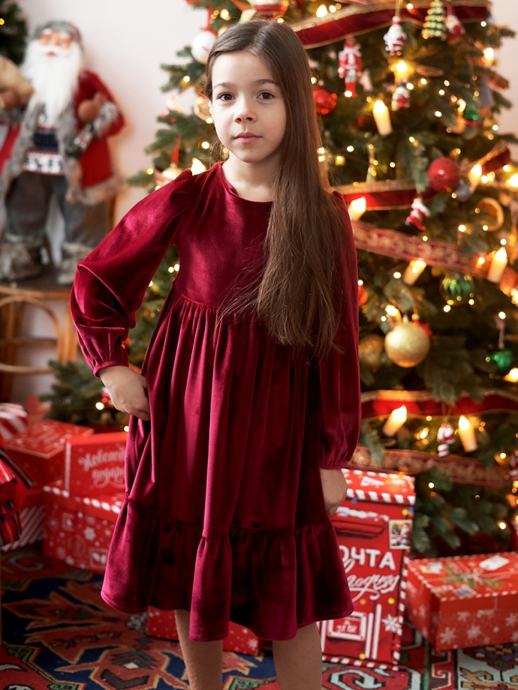 Платье велюровое нарядное БУШОН ST63, цвет бордовый