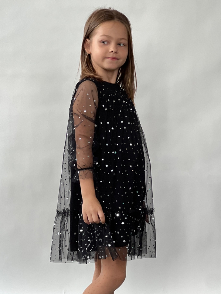 Платье для девочки нарядное БУШОН ST53, цвет черный блестки/звезды 