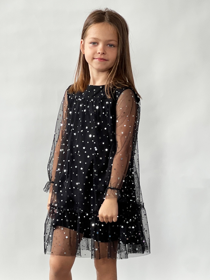 Платье для девочки нарядное БУШОН ST53, цвет черный блестки/звезды 