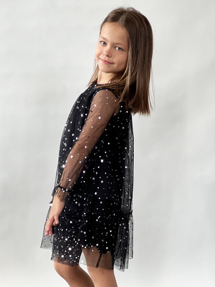 Платье для девочки нарядное БУШОН ST53, цвет черный блестки/звезды 