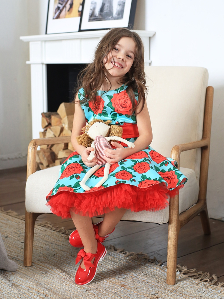 Платье для девочки нарядное БУШОН ST30, стиляги цвет бирюзовый/красный, принт цветы