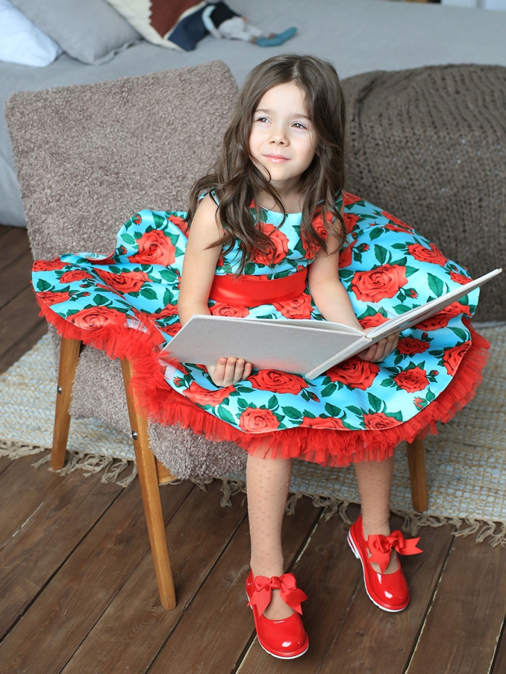 Платье для девочки нарядное БУШОН ST30, стиляги цвет бирюзовый/красный, принт цветы