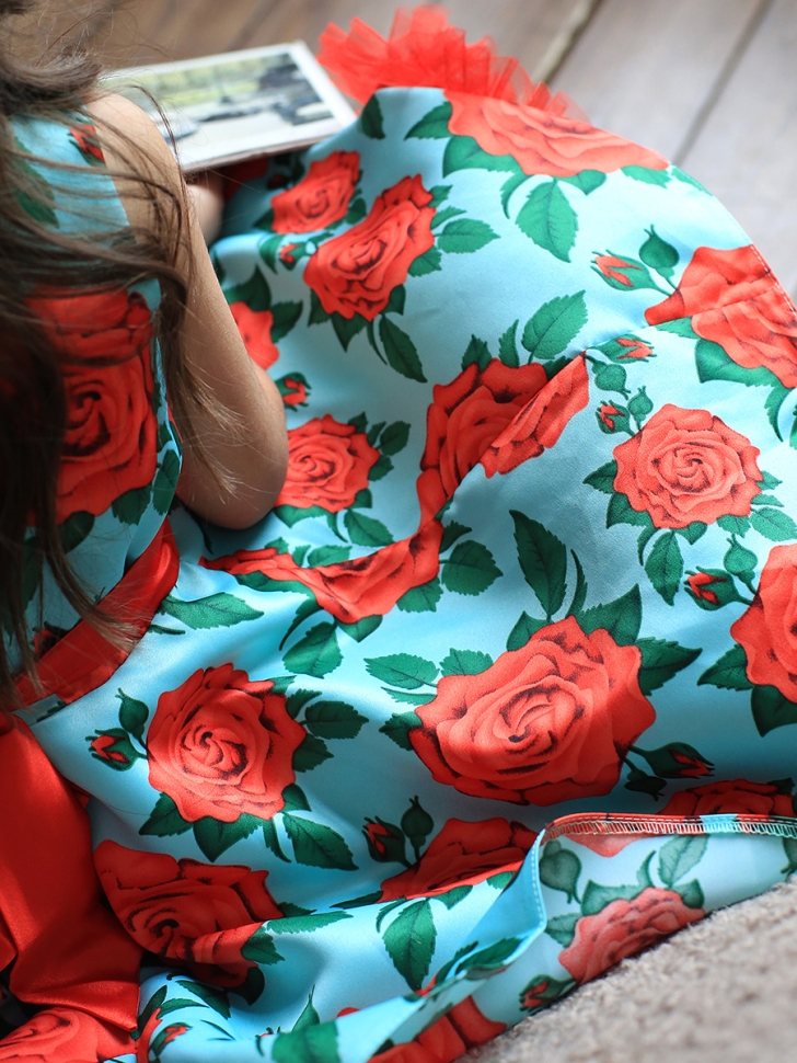 Платье для девочки нарядное БУШОН ST30, стиляги цвет бирюзовый/красный, принт цветы