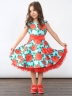 Платье для девочки нарядное БУШОН ST30, стиляги цвет бирюзовый/красный, принт цветы