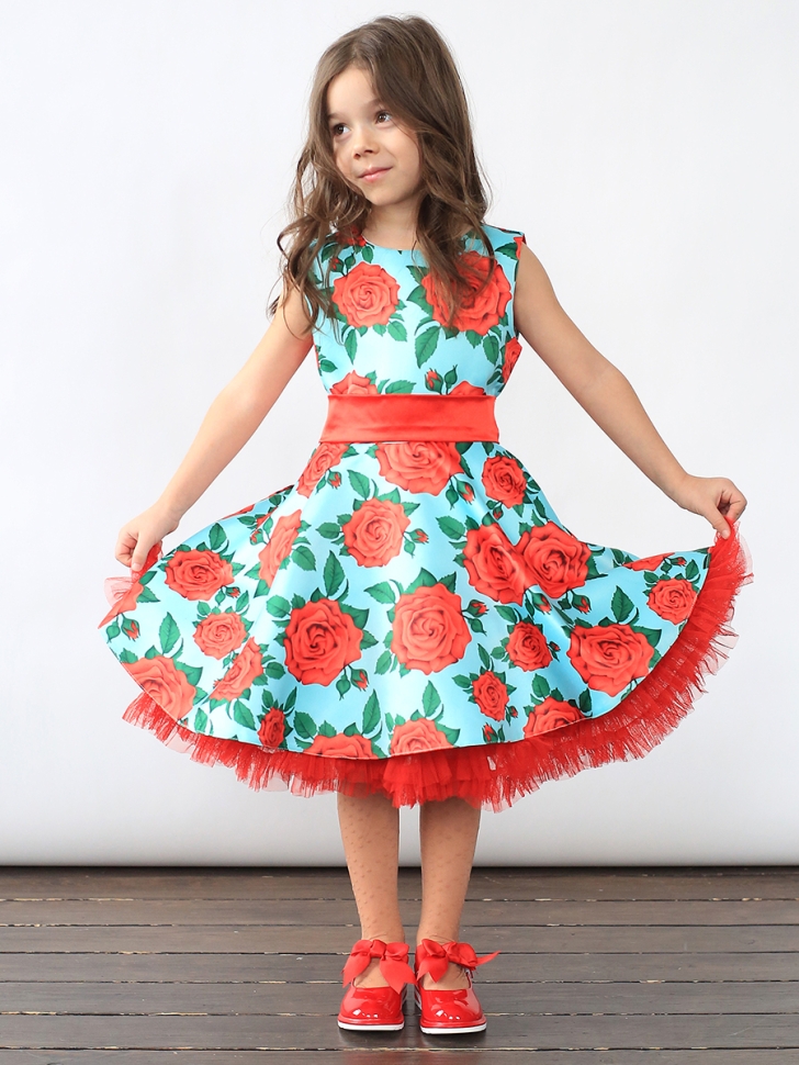 Платье для девочки нарядное БУШОН ST30, стиляги цвет бирюзовый/красный, принт цветы