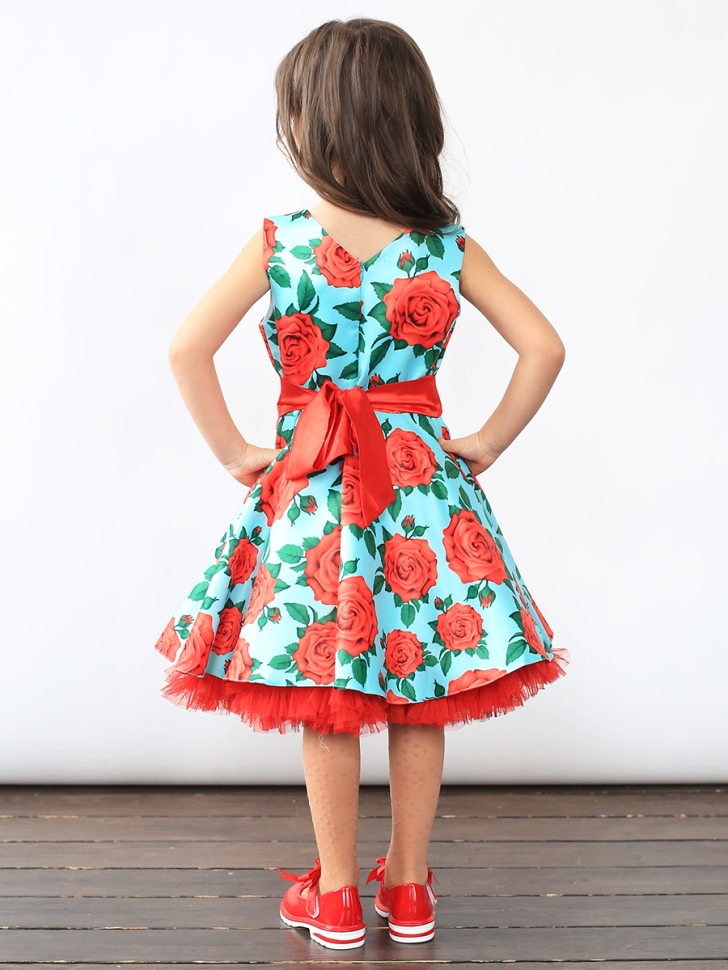 Платье для девочки нарядное БУШОН ST30, стиляги цвет бирюзовый/красный, принт цветы