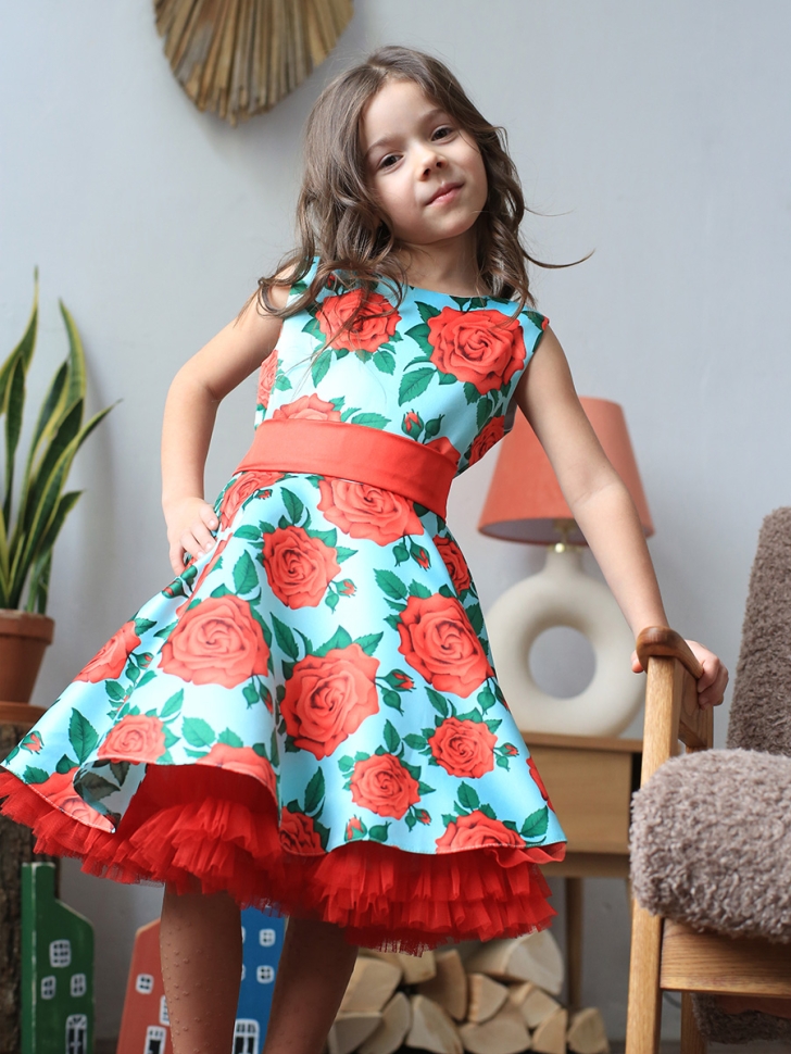 Платье для девочки нарядное БУШОН ST30, стиляги цвет бирюзовый/красный, принт цветы