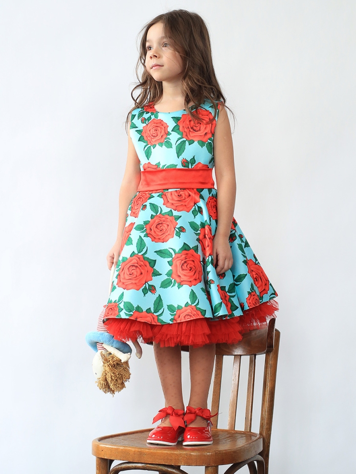 Платье для девочки нарядное БУШОН ST30, стиляги цвет бирюзовый/красный, принт цветы