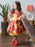 Платье для девочки нарядное БУШОН ST30, стиляги цвет красный/желтый пояс желтый, принт цветы 