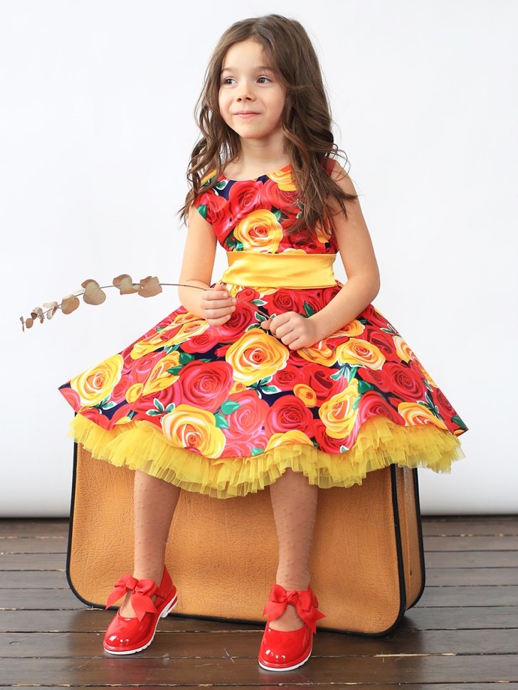 Платье для девочки нарядное БУШОН ST30, стиляги цвет красный/желтый пояс желтый, принт цветы 