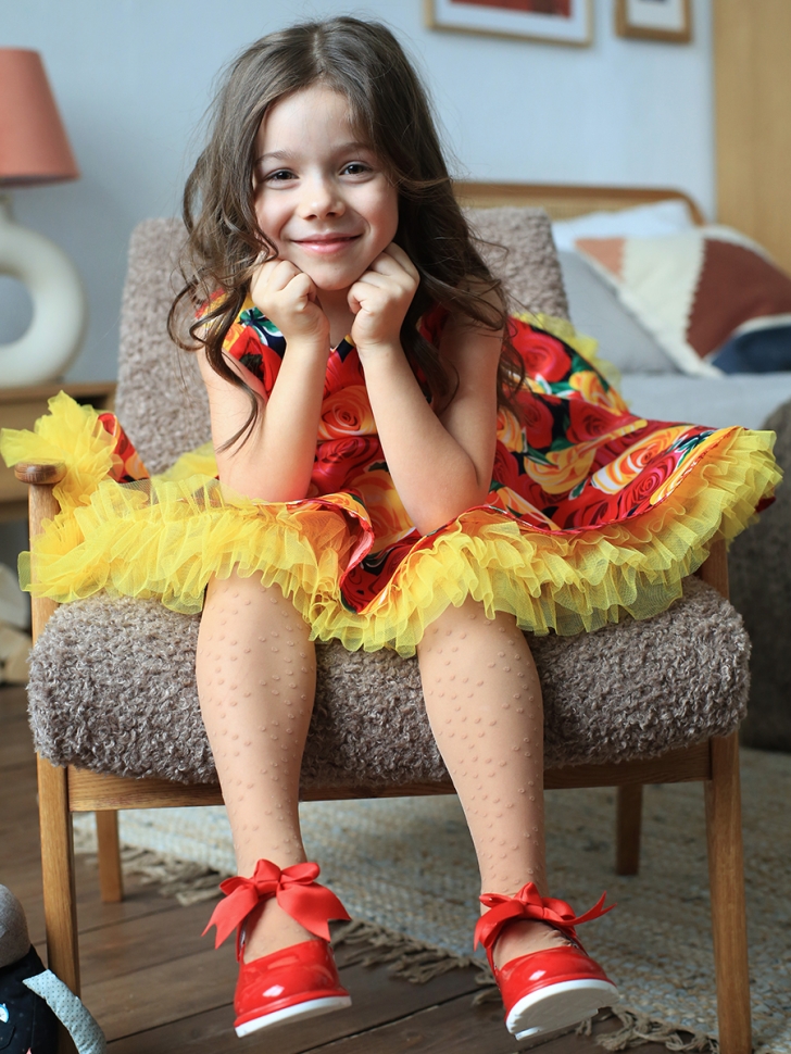 Платье для девочки нарядное БУШОН ST30, стиляги цвет красный/желтый пояс желтый, принт цветы 