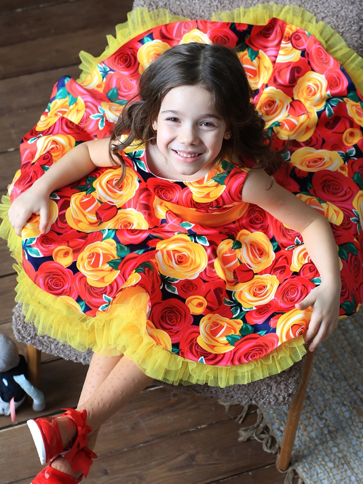 Платье для девочки нарядное БУШОН ST30, стиляги цвет красный/желтый пояс желтый, принт цветы 