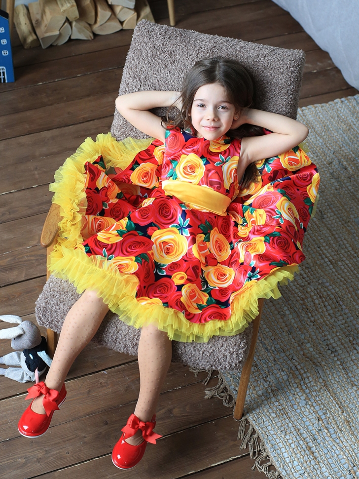 Платье для девочки нарядное БУШОН ST30, стиляги цвет красный/желтый пояс желтый, принт цветы 