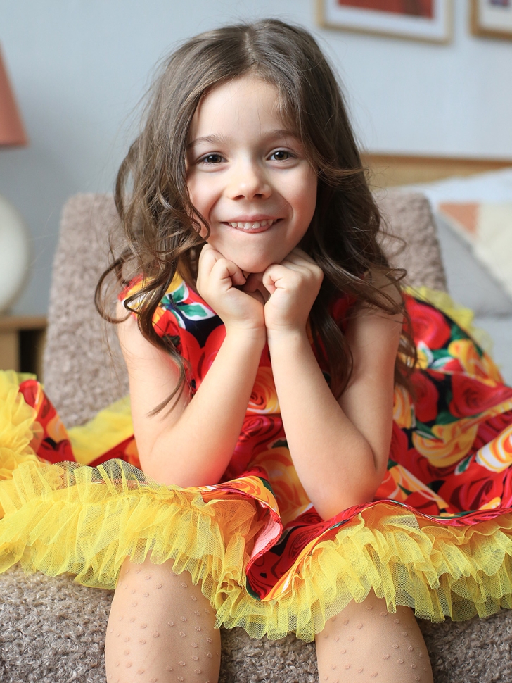 Платье для девочки нарядное БУШОН ST30, стиляги цвет красный/желтый пояс желтый, принт цветы 