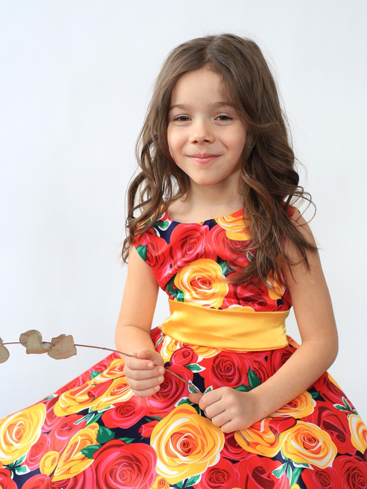 Платье для девочки нарядное БУШОН ST30, стиляги цвет красный/желтый пояс желтый, принт цветы 