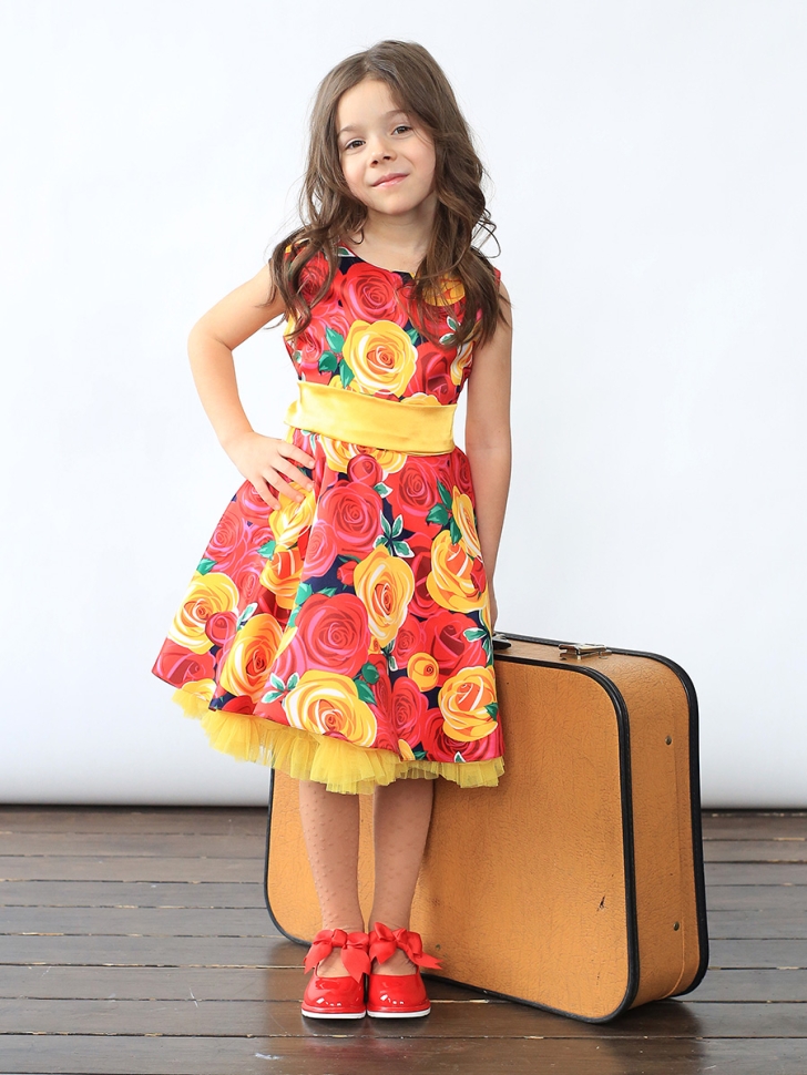 Платье для девочки нарядное БУШОН ST30, стиляги цвет красный/желтый пояс желтый, принт цветы 