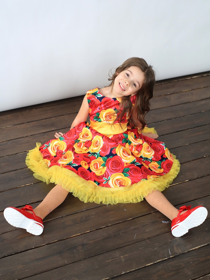 Платье для девочки нарядное БУШОН ST30, стиляги цвет красный/желтый пояс желтый, принт цветы 