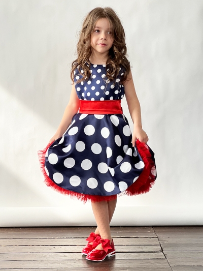 Платье для девочки нарядное БУШОН ST21, стиляги цвет темно-синий, красный пояс