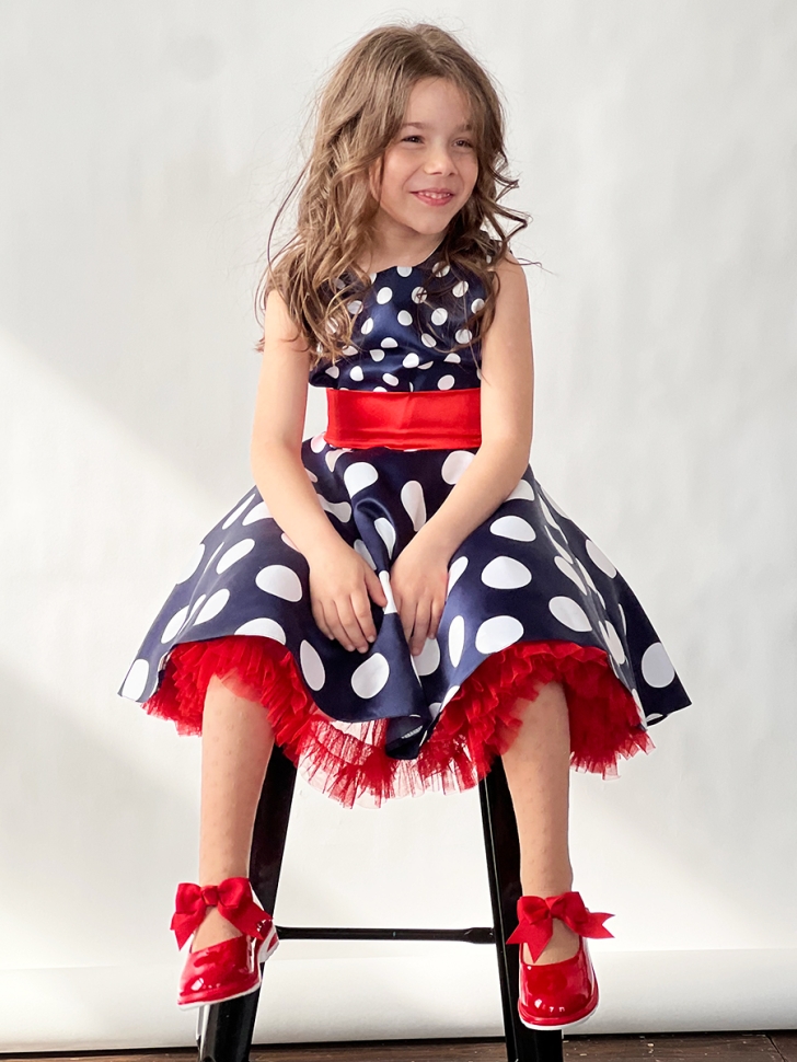 Платье для девочки нарядное БУШОН ST21, стиляги цвет темно-синий, красный пояс 