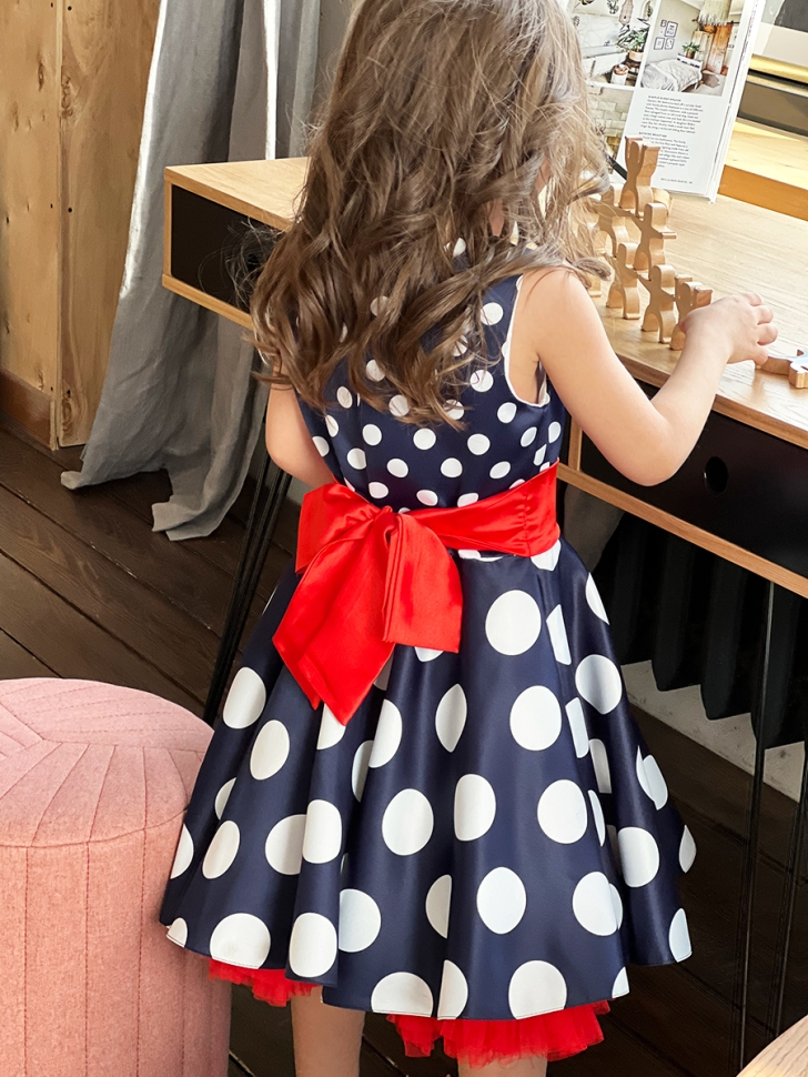 Платье для девочки нарядное БУШОН ST21, стиляги цвет темно-синий, красный пояс 