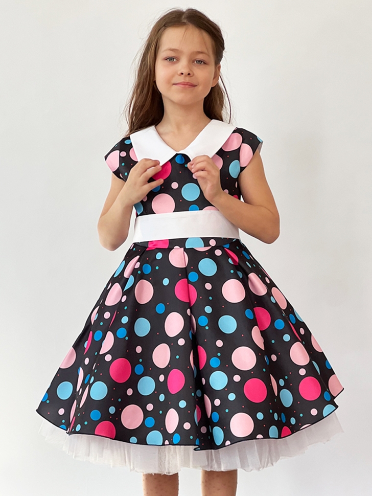 Платье для девочки нарядное БУШОН ST37, стиляги цвет черный/малиновый/желтый белый воротник 