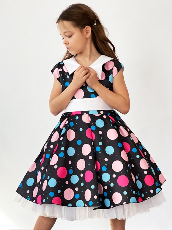 Платье для девочки нарядное БУШОН ST37, стиляги цвет черный/малиновый/желтый белый воротник 